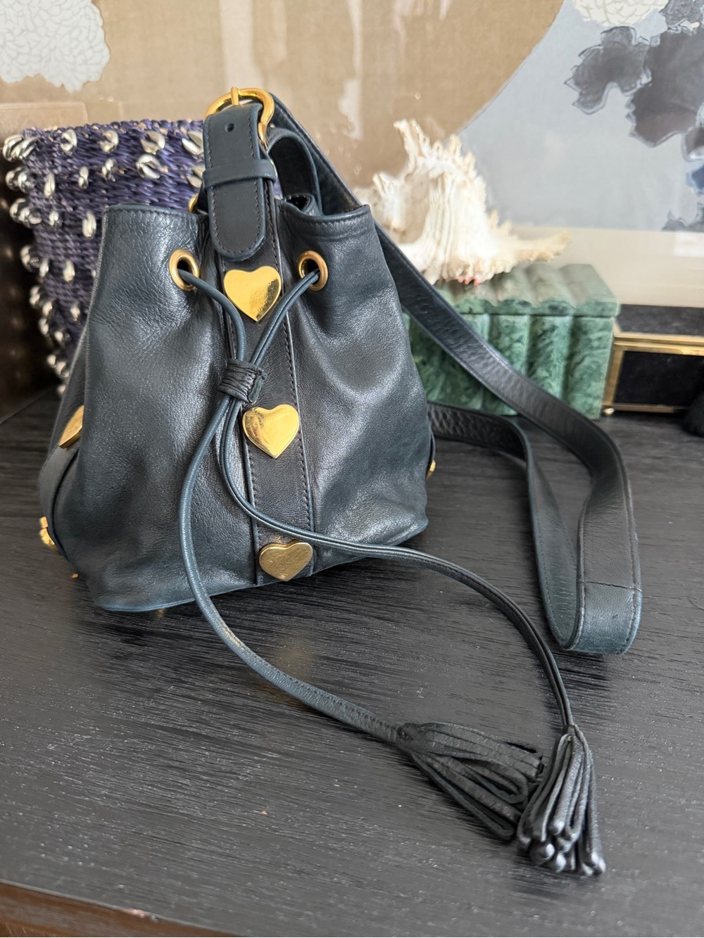Vintage Sepcoeur Paris Leather Gold Heart Bucket Bag Dark Navy Mini